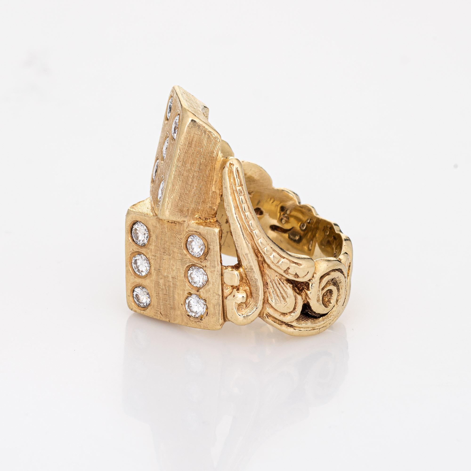 Taille ronde 70s Vintage Diamond Dice Ring Gambling Jewelry Sz 8.5 Heavy 14k Gold Mens  en vente