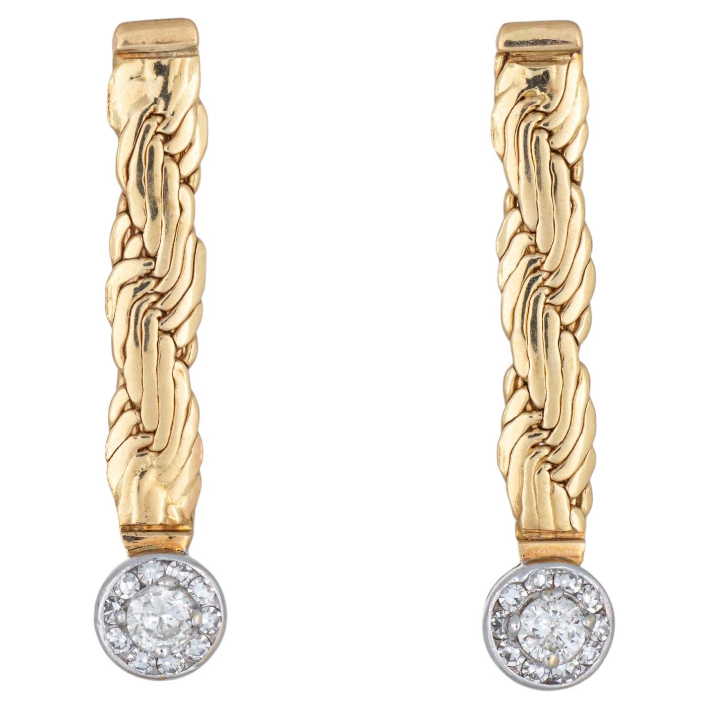 70s Vintage Diamond Drop Earrings Braided 14k Yellow Gold 1.25" Length Pendant
