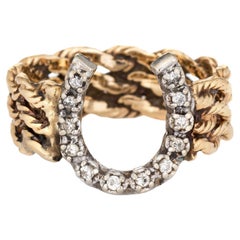 70s Vintage Diamond Horseshoe Ring 14k Yellow Gold Rope Band Jewelry