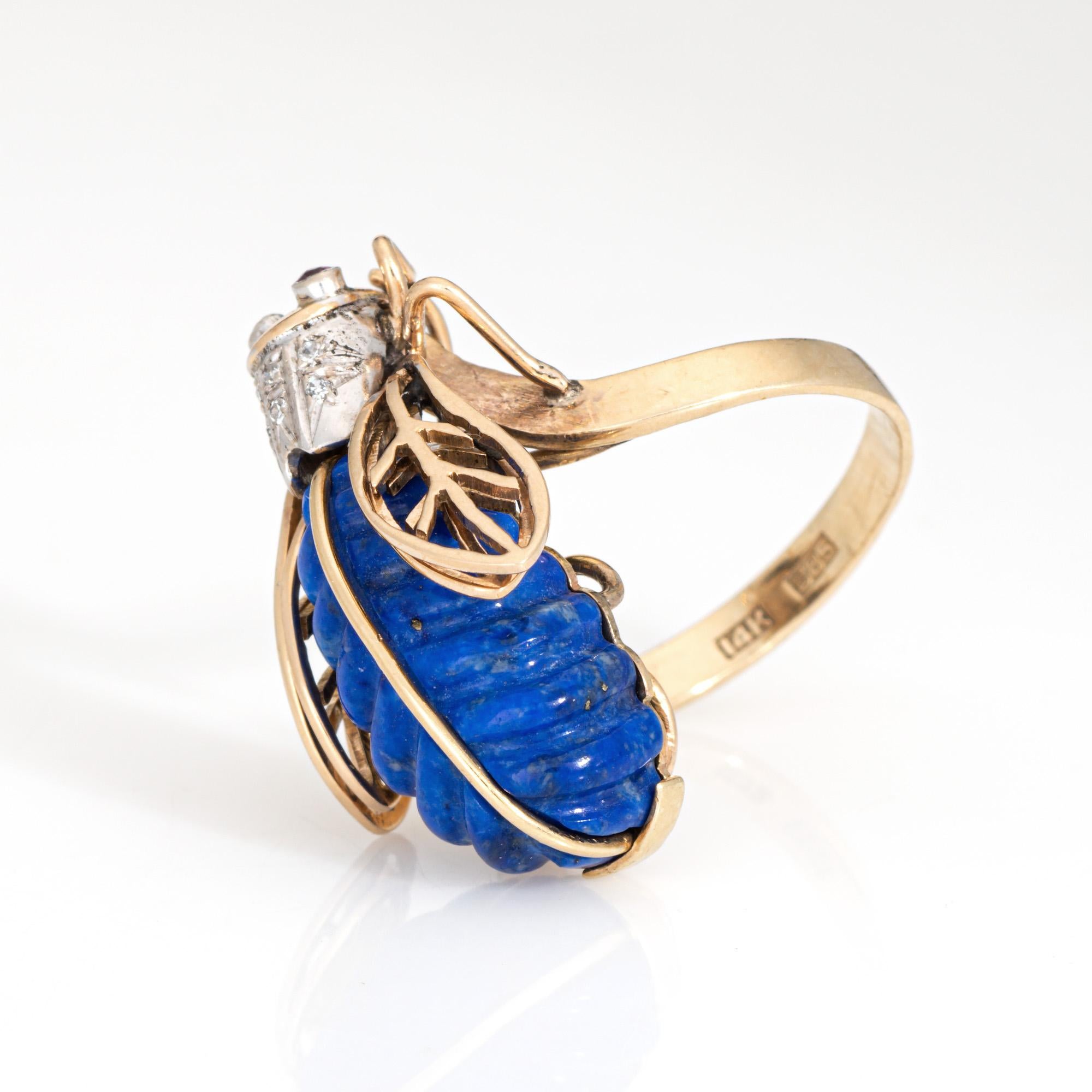 70s Vintage Diamante Insecto Anillo Sz 6 Grande 14k Oro Amarillo Joyería fina abeja Corte redondo en venta