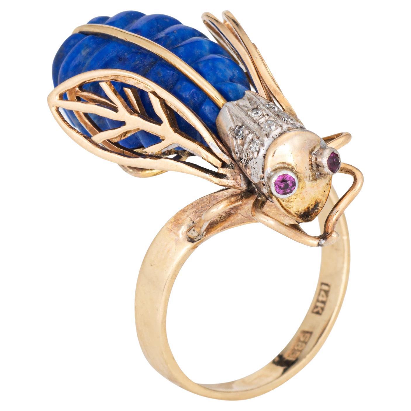 70s Vintage Diamante Insecto Anillo Sz 6 Grande 14k Oro Amarillo Joyería fina abeja en venta