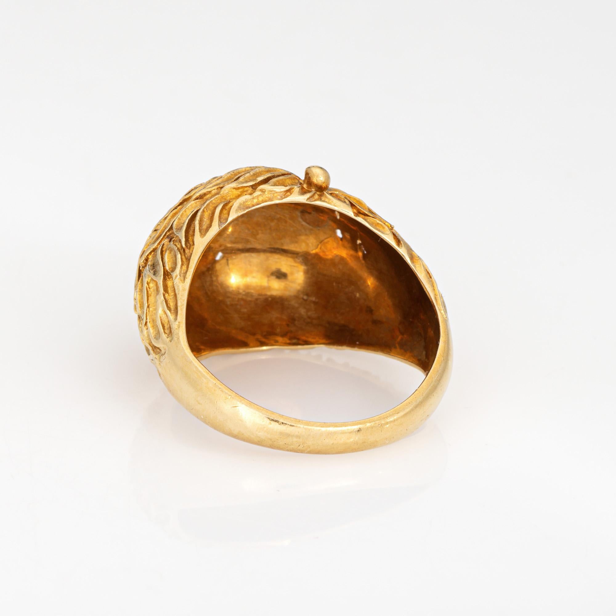 Women's 70s Vintage Dome Ring Sz 6.25 Cigar Band Textured Botanical 18k Yellow Gold For Sale