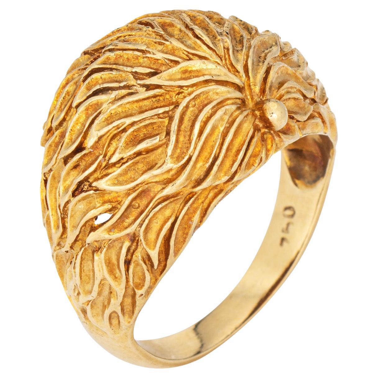 70s Vintage Dome Ring Sz 6.25 Cigar Band Textured Botanical 18k Yellow Gold For Sale