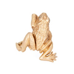 70s Vintage Frog Ring Heavy 14k Yellow Gold Diamond Eyes 8.5 Cocktail Jewelry