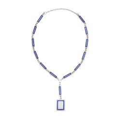 70s Vintage Gucci Drop Necklace Sterling Silver Blue Enamel Square Links 21"