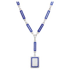 70s Vintage Gucci Drop Necklace Sterling Silver Blue Enamel Square Links 21"