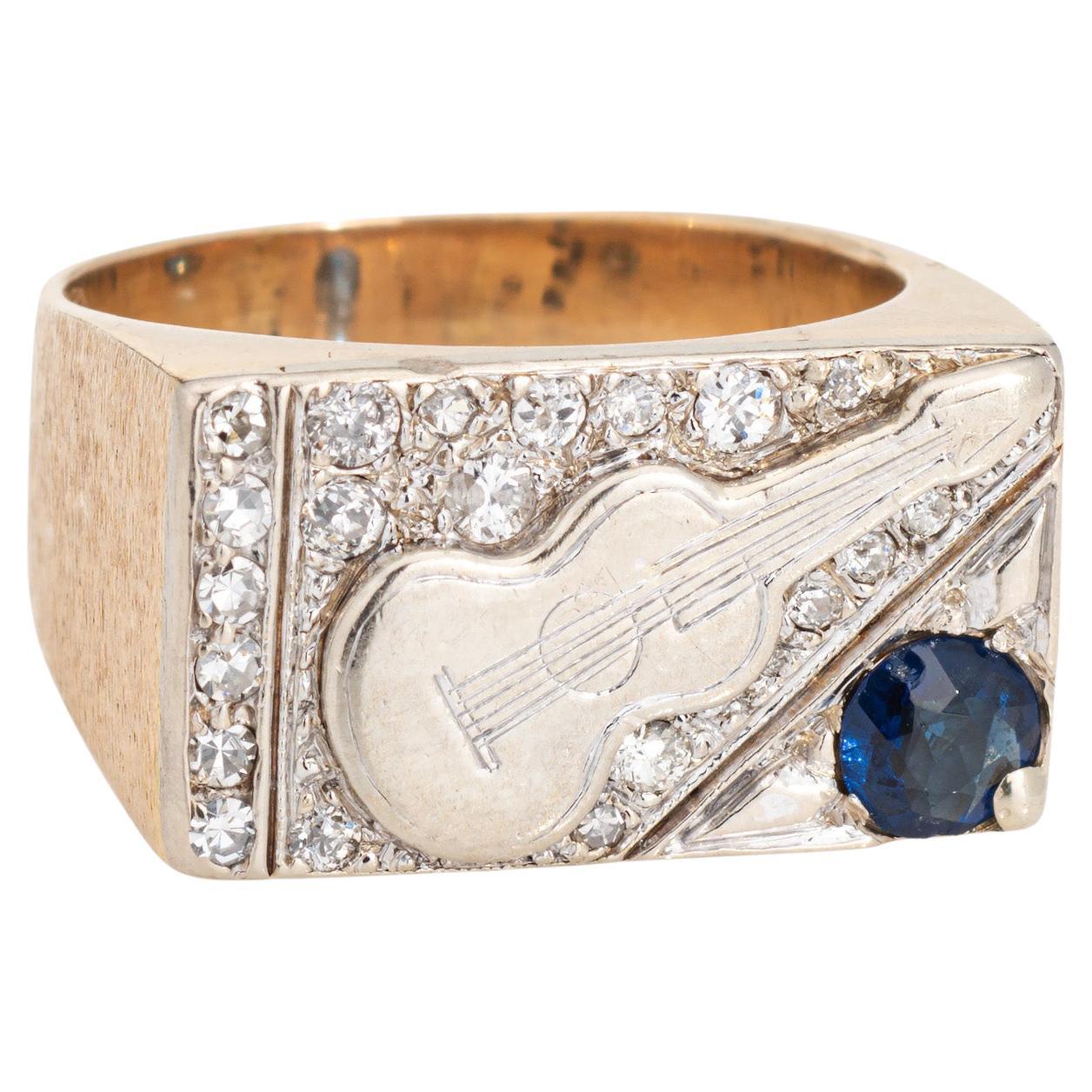 70s Vintage Guitar Ring Diamond Sapphire Signet Sz 9 Estate Jewelry Fine Musical Jewelry en vente
