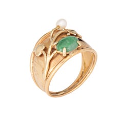 70s Vintage Jade Pearl Leaf Ring Sz 9 Wide Cigar Band Estate Fine Jewelry