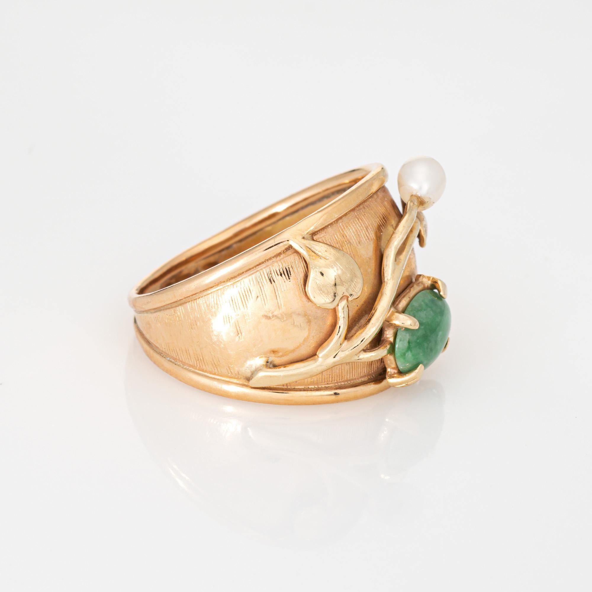 Moderno Anello di giada vintage degli anni '70 con foglia di perla Sz 9, fascia larga per sigari Estate Jewelry in vendita