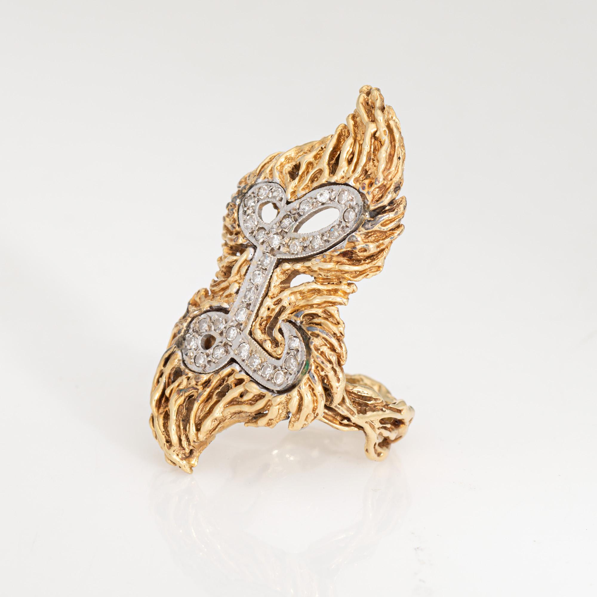 Round Cut 70s Vintage Letter L Diamond Initial Ring 14k Yellow Gold Sz 5 Brutalist Jewelry For Sale