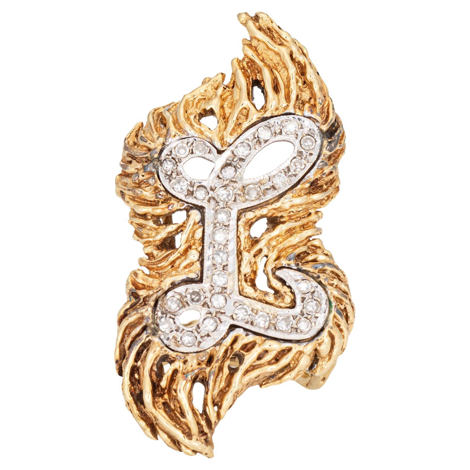 70s Vintage Letter L Diamond Initial Ring 14k Yellow Gold Sz 5 Brutalist Jewelry For Sale