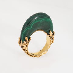 70s Vintage Malachite Brutalist Ring High Dome Sz 6.5 14k Yellow Gold Jewelry