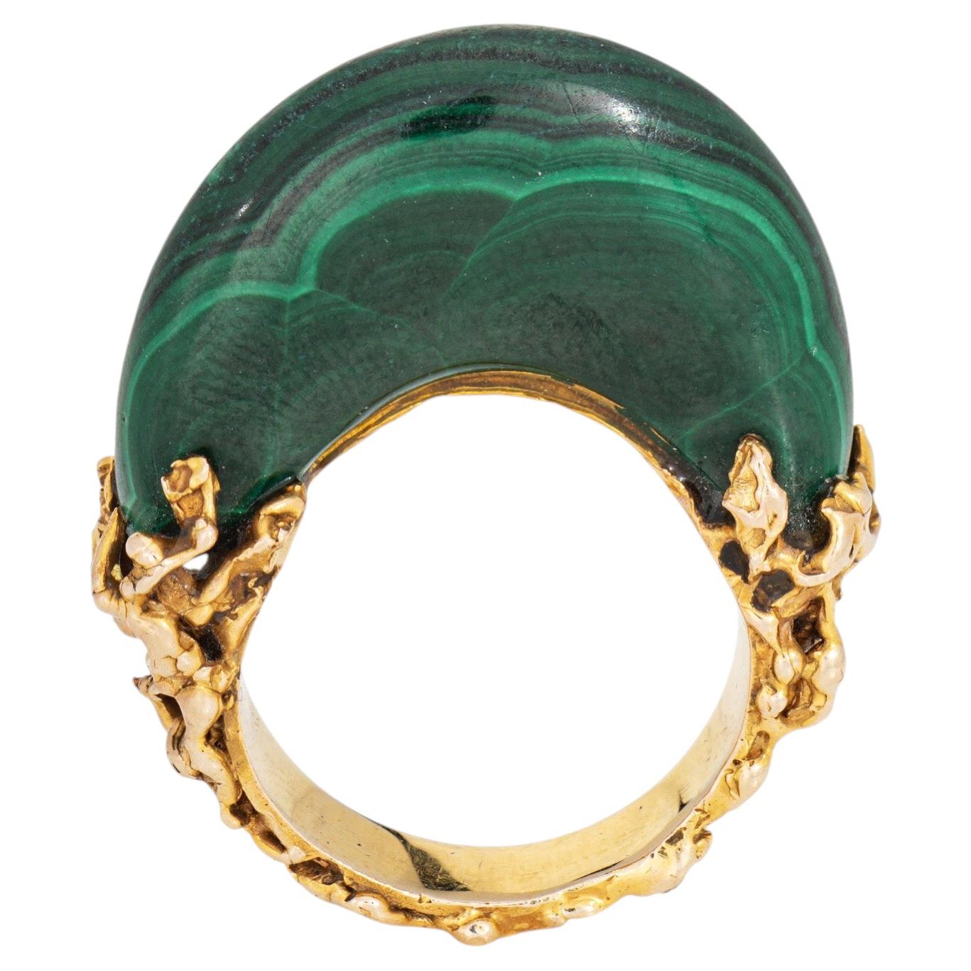70s Vintage Malachite Brutalist Ring High Dome Sz 6.5 14k Yellow Gold Jewelry