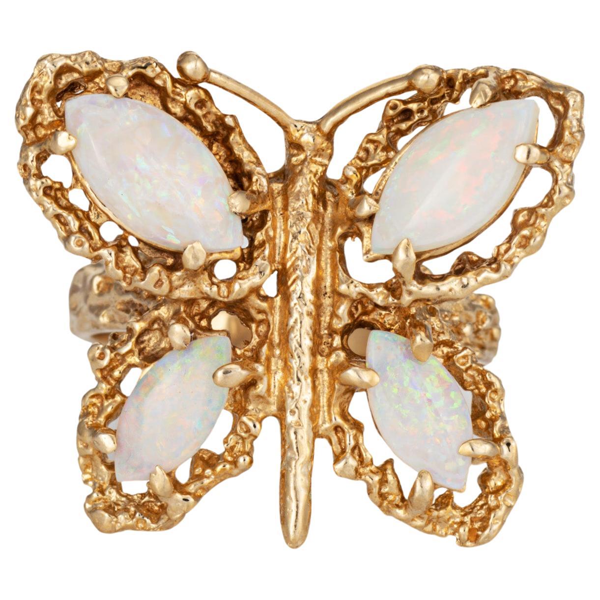 70s Vintage Opal Butterfly Ring 14k Yellow Gold Sz 6.75 Cocktail Estate Jewelry  For Sale