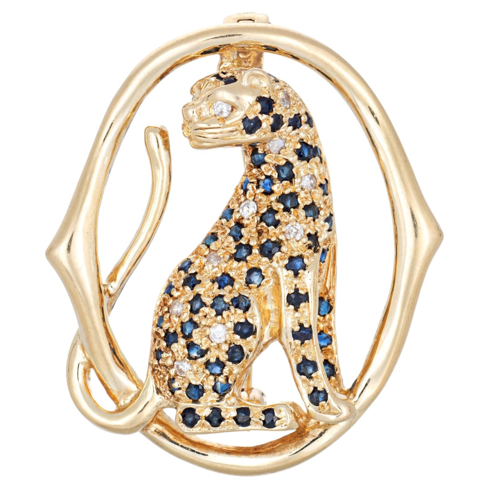 70s Vintage Panther Pendant Diamond Sapphire 14k Yellow Gold Animal Jewelry