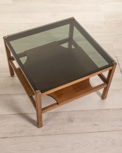70s Vintage Table in Glass and Teak Wood Italian Design