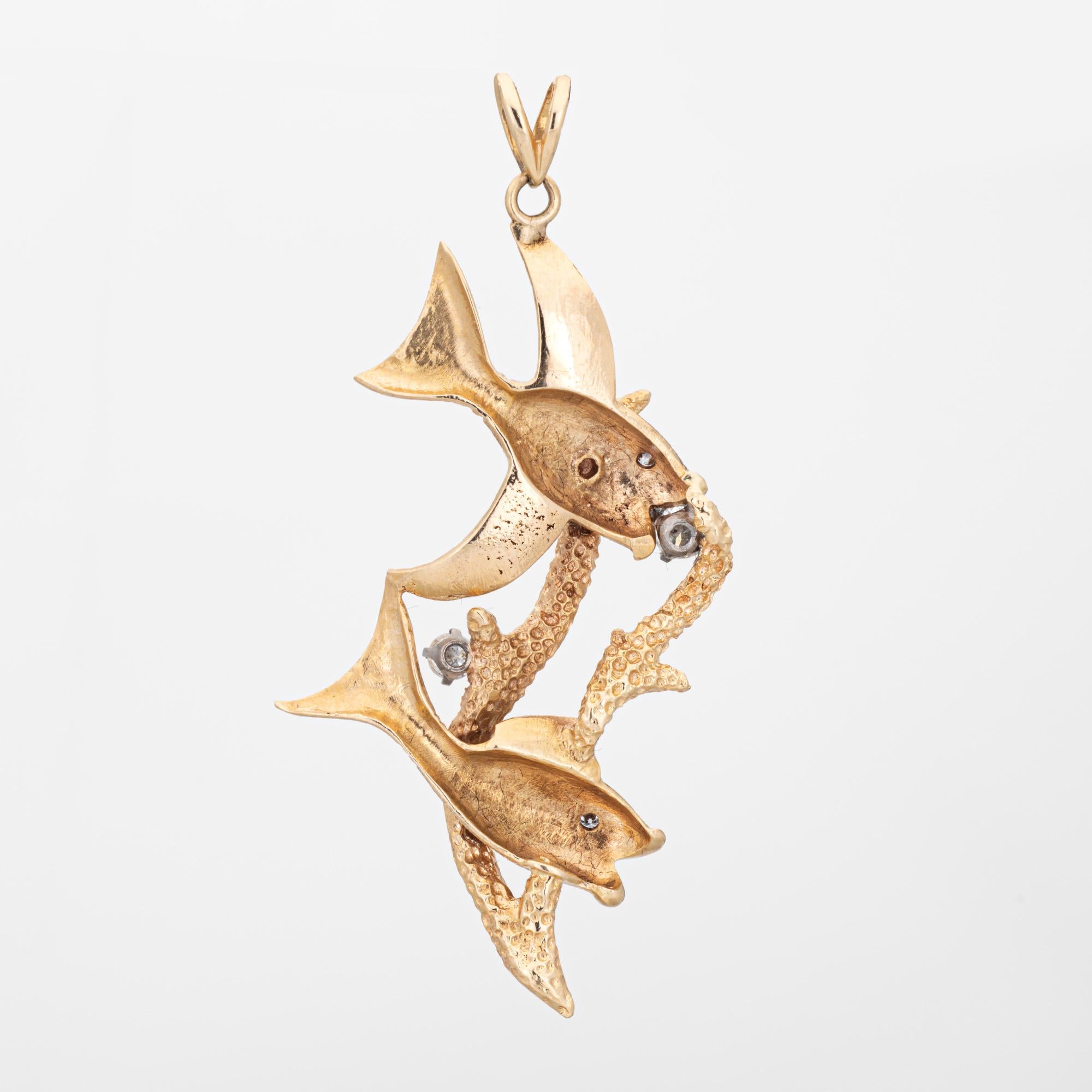 Round Cut 70s Vintage Tropical Fish Pendant Diamond Large Sea Life Jewelry Coral Reef
