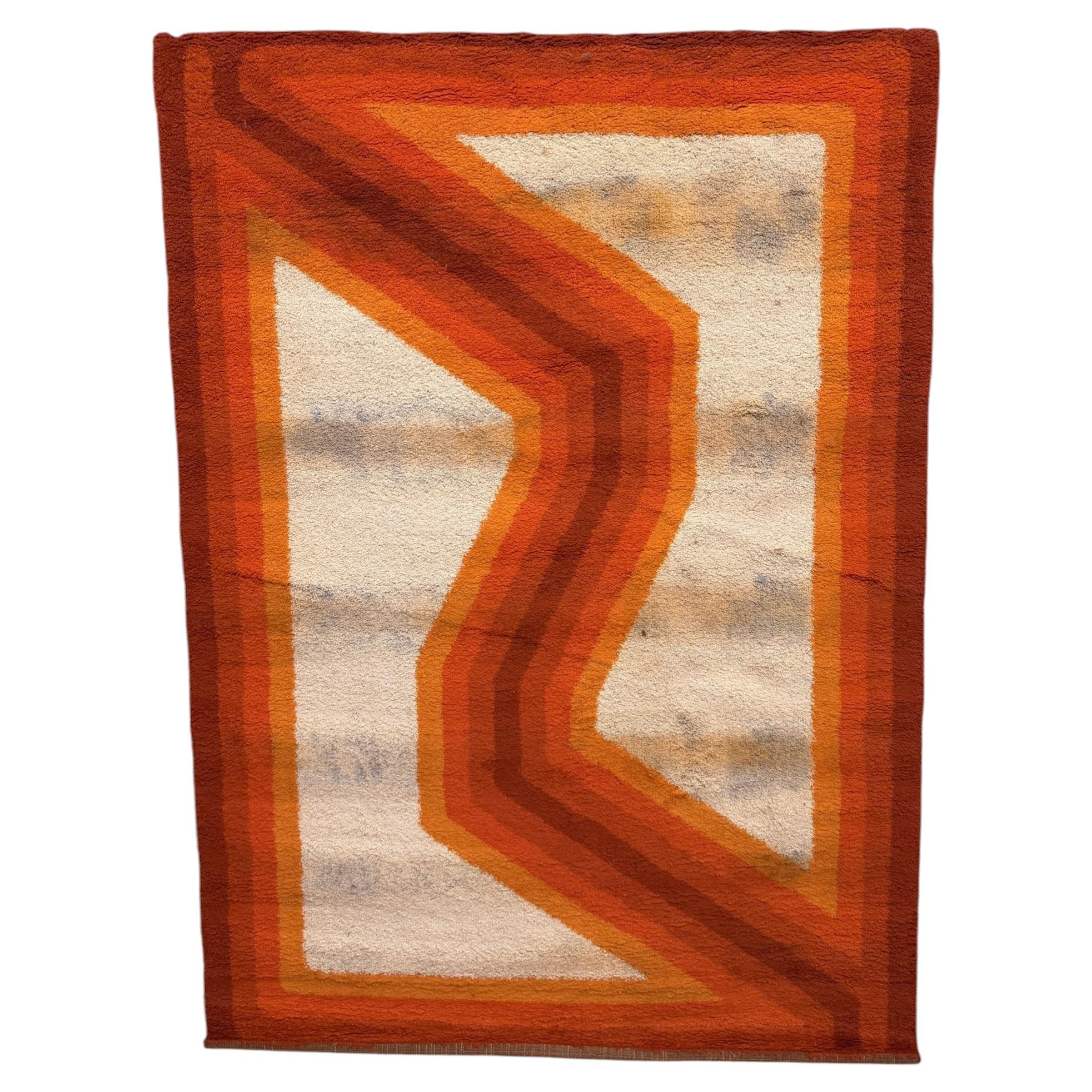70s Wilton, Orange Line Border, Geometric Pattern, UNUSED, Rya Rug, MCM, Wool