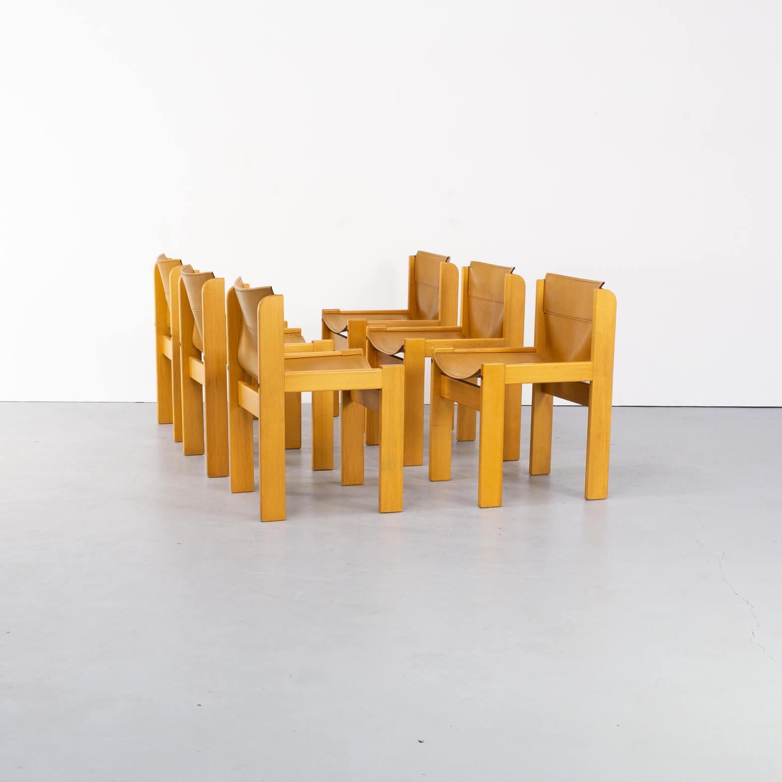 Italian 1970s Wooden Framed Saddle Leather Chairs for Ibisco Set of 6 For Sale