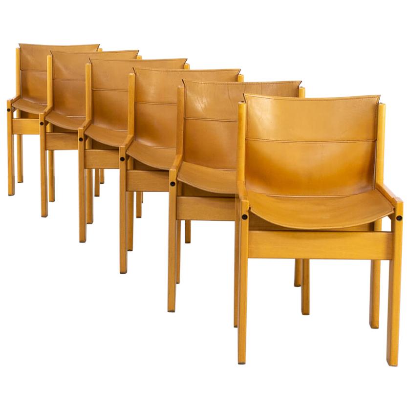 1970s Wooden Framed Saddle Leather Chairs for Ibisco Set of 6 For Sale