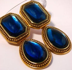70s Yves Saint Laurent Blue Glass Cabochon & Gold Metal Drop Earrings
