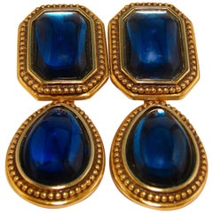 70s Yves Saint Laurent Blue Glass Cabochon & Gold Metal Drop Earrings