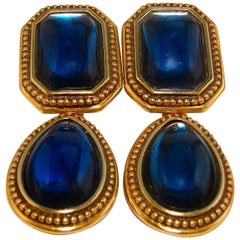 Vintage 70s Yves Saint Laurent Blue Glass Cabochon & Gold Metal Drop Earrings 