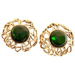 70s Yves Saint Laurent Large Earrings 2.5in Emerald Glass Cabochon Goossens YSL 