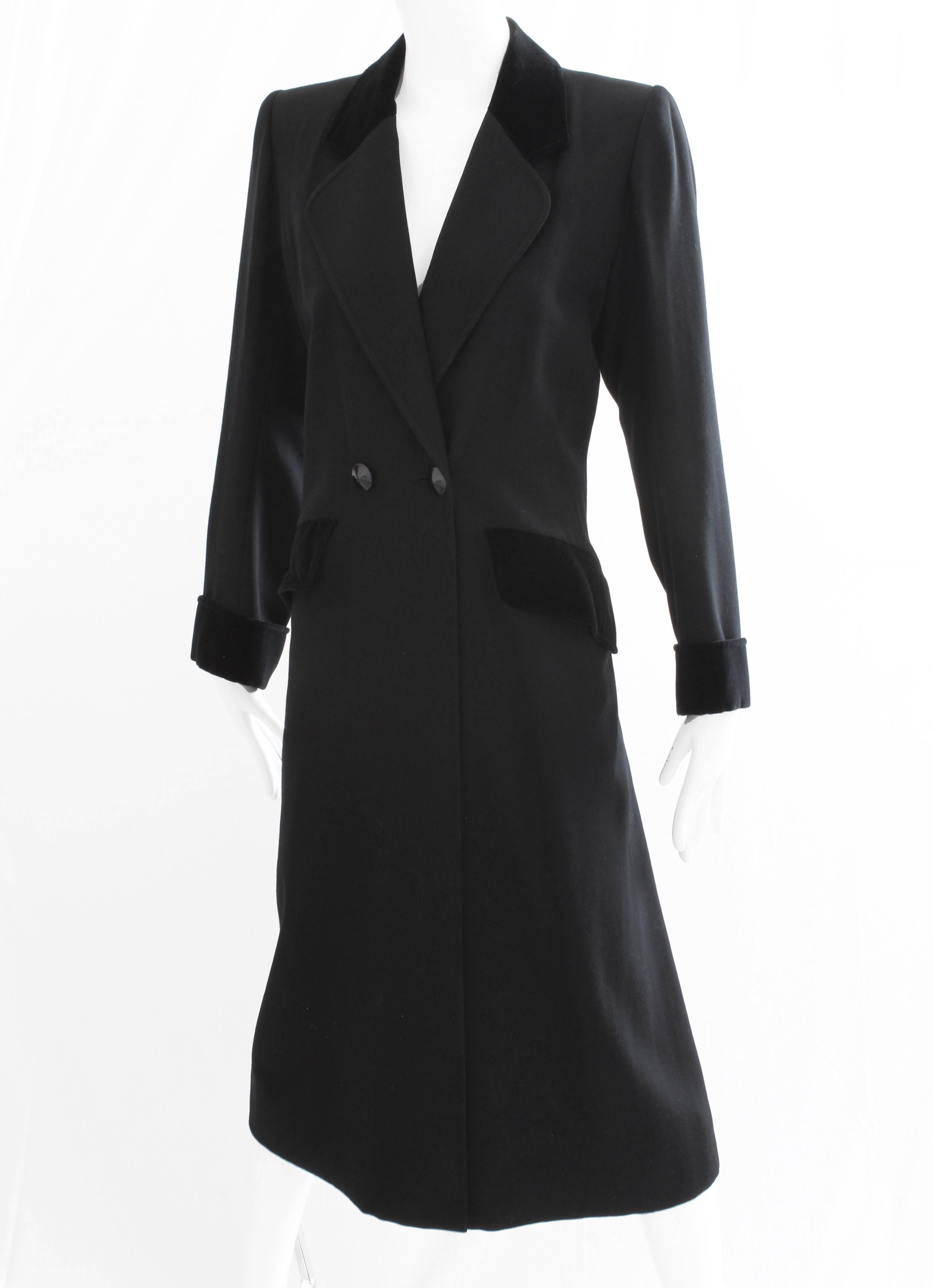 Women's 70s Yves Saint Laurent Long Black Coat Fitted YSL Rive Gauche Wool Gabardine 40