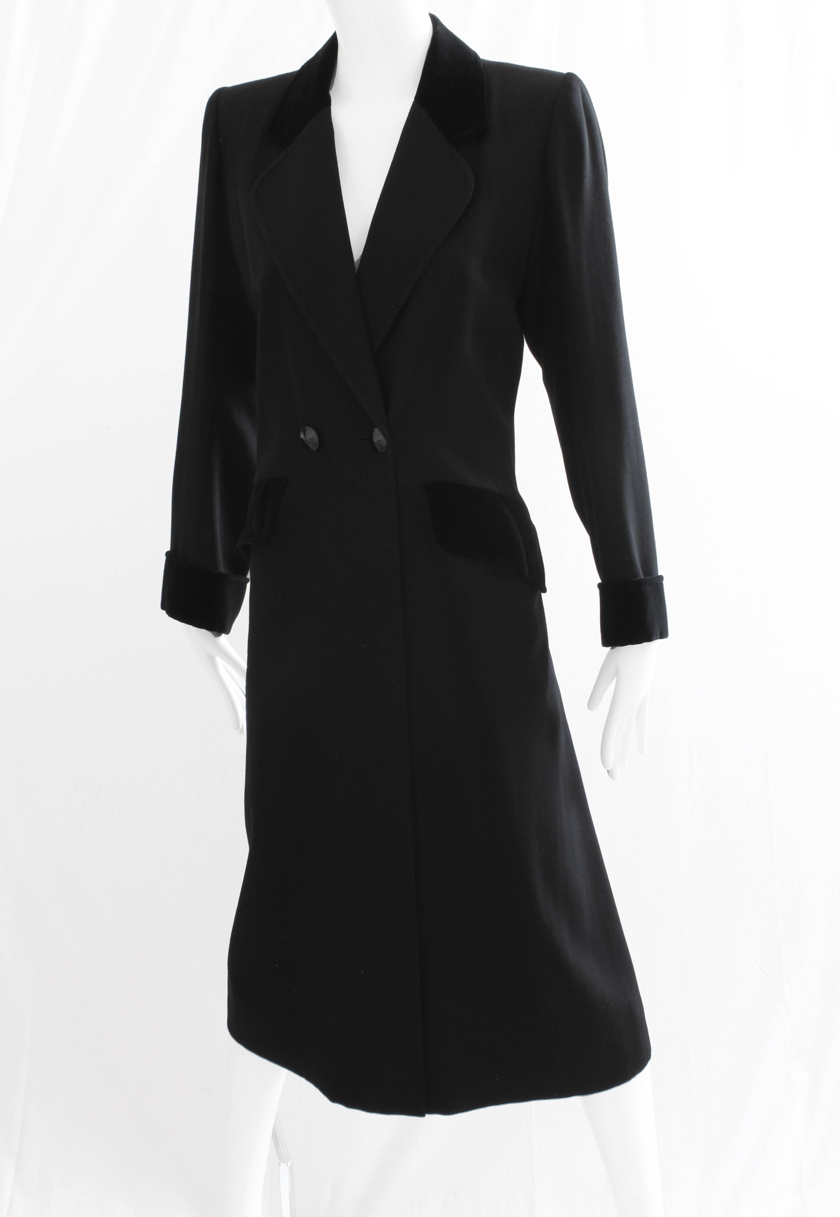 70s Yves Saint Laurent Long Black Coat Fitted YSL Rive Gauche Wool Gabardine 40 1