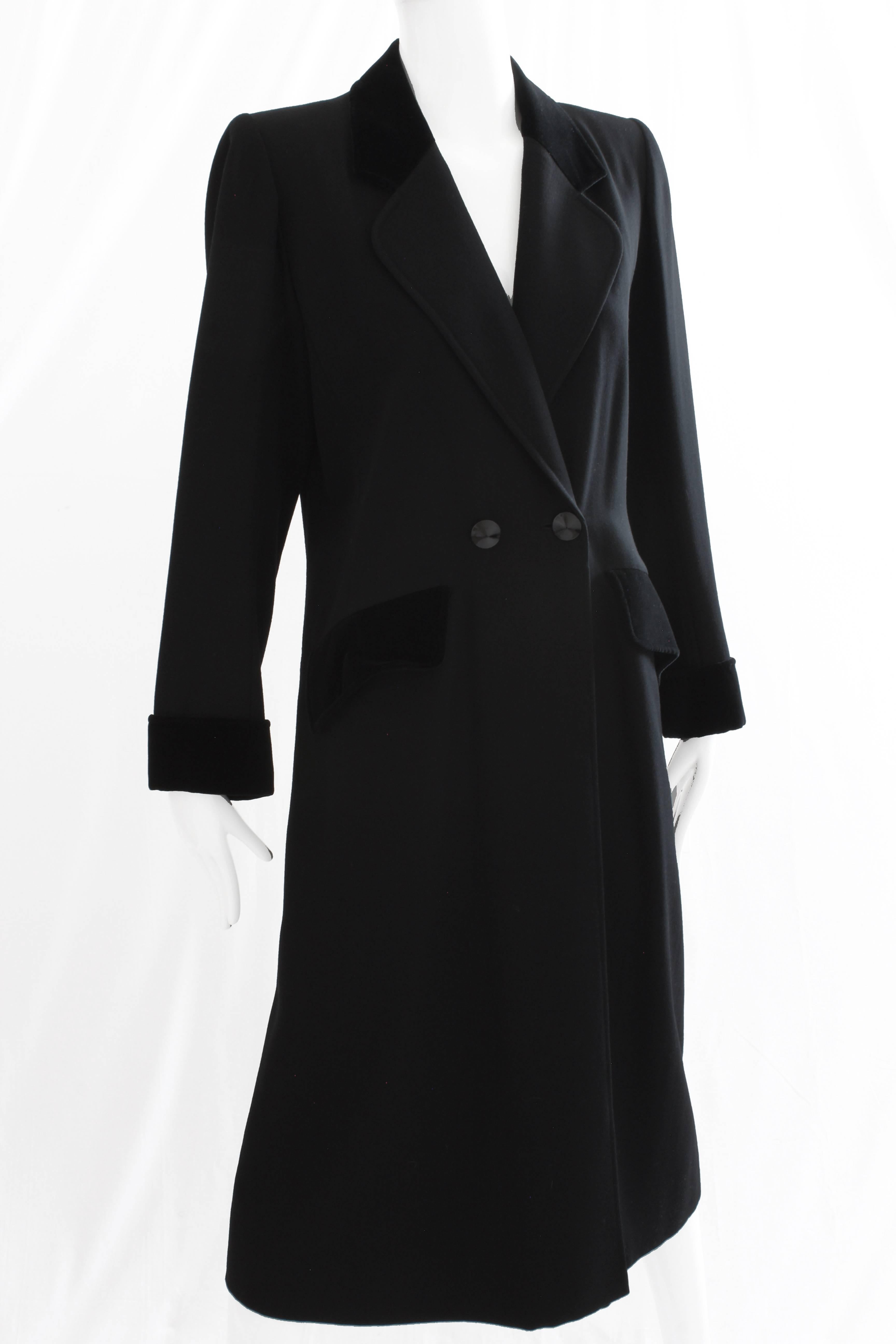 70s Yves Saint Laurent Long Black Coat Fitted YSL Rive Gauche Wool Gabardine 40 4