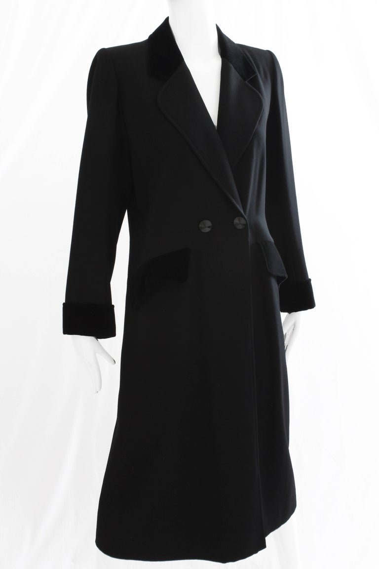 70s Yves Saint Laurent Long Black Coat Fitted YSL Rive Gauche Wool