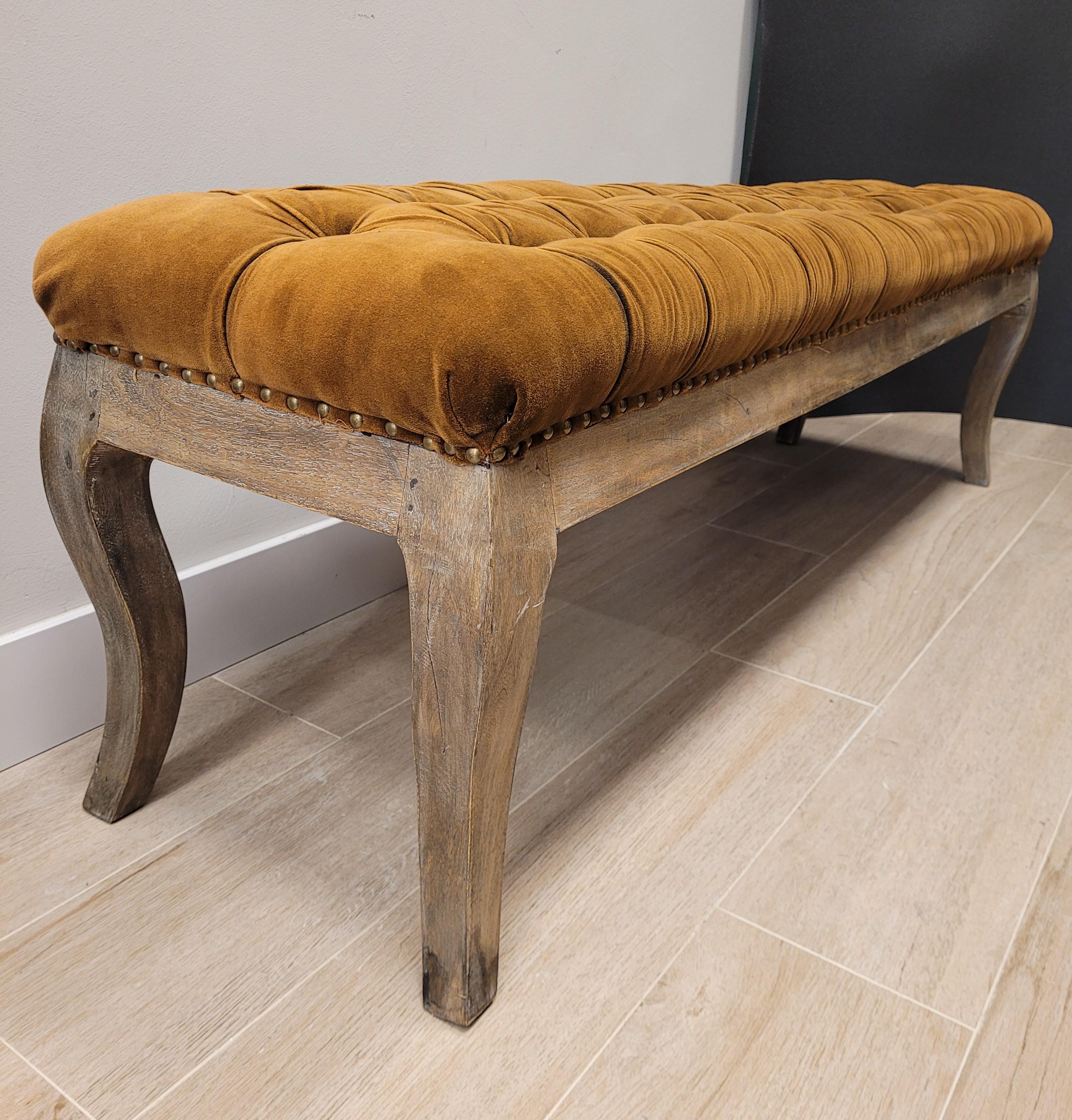 70th French Tobacco Colour Tufted Velours Bench, Canape Wood 8