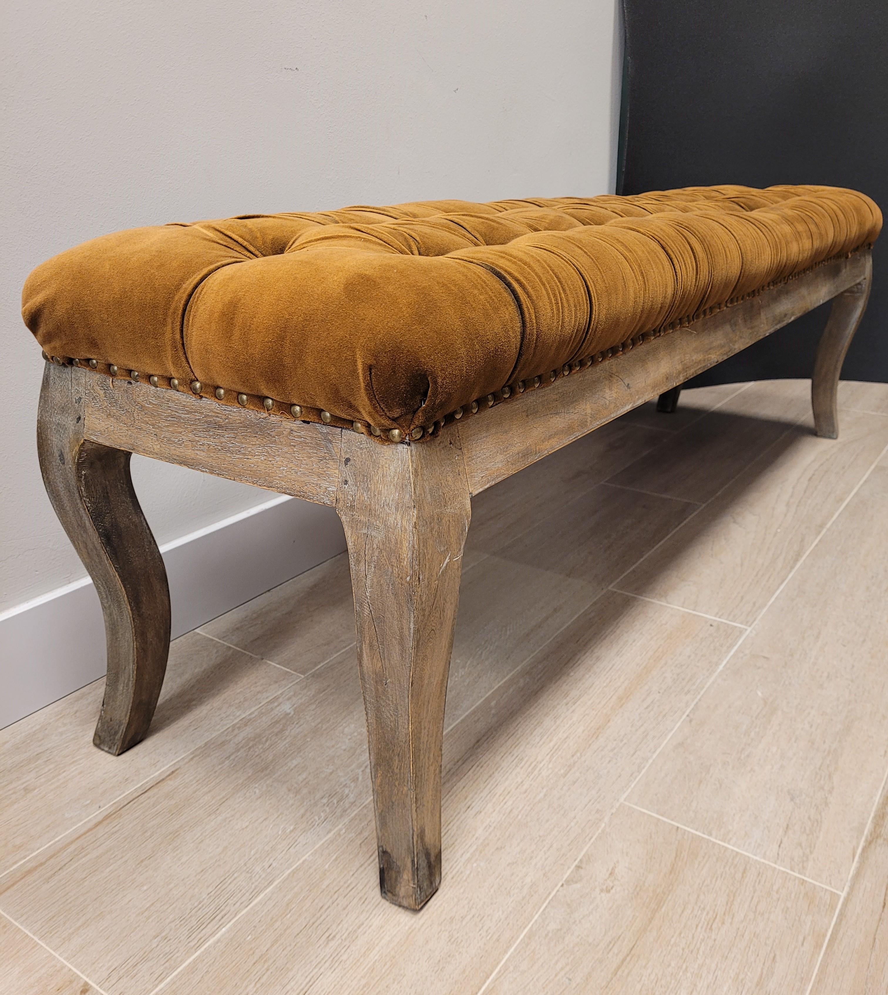70th French Tobacco Colour Tufted Velours Bench, Canape Wood 9