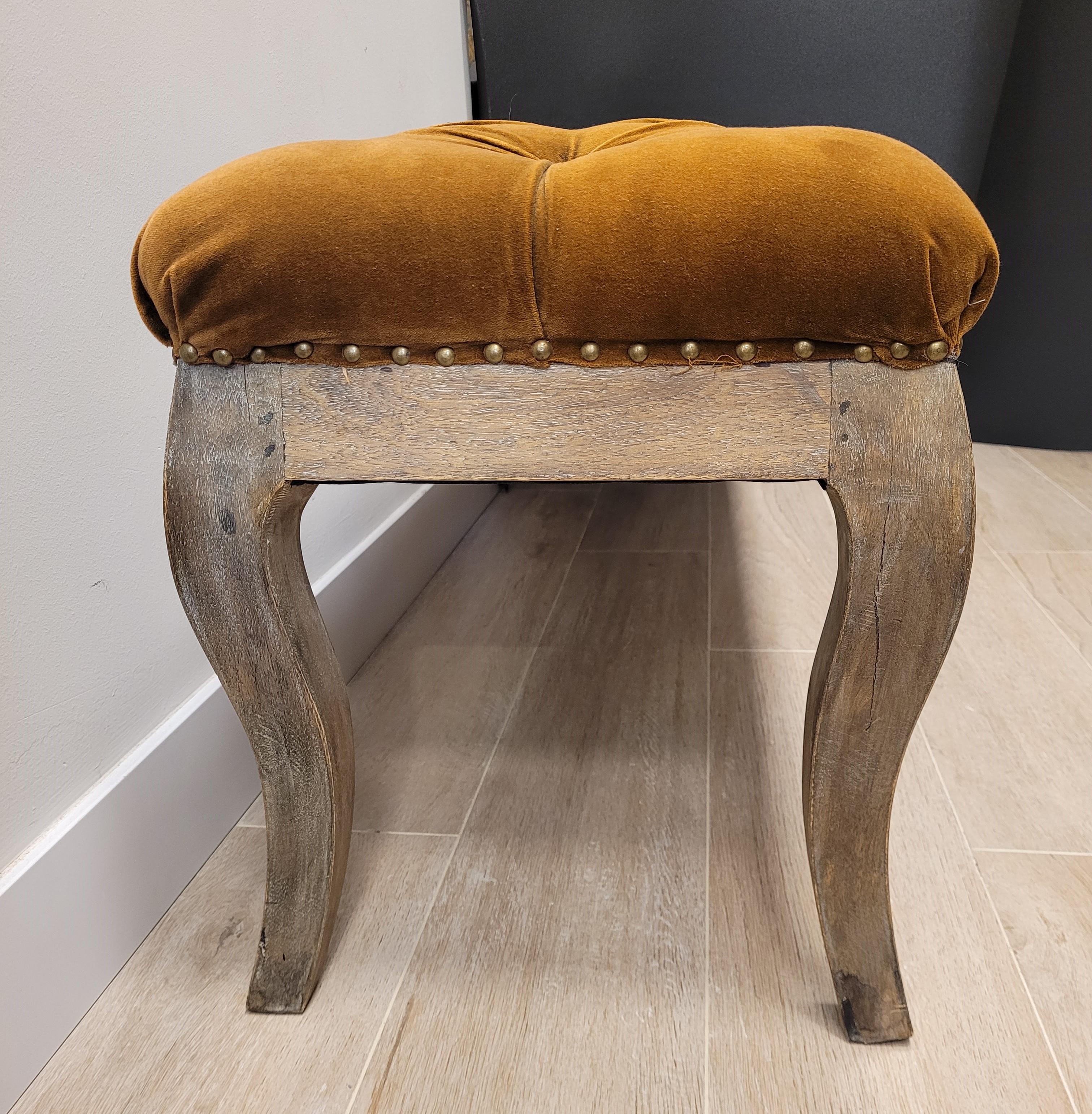 70th French Tobacco Colour Tufted Velours Bench, Canape Wood 10