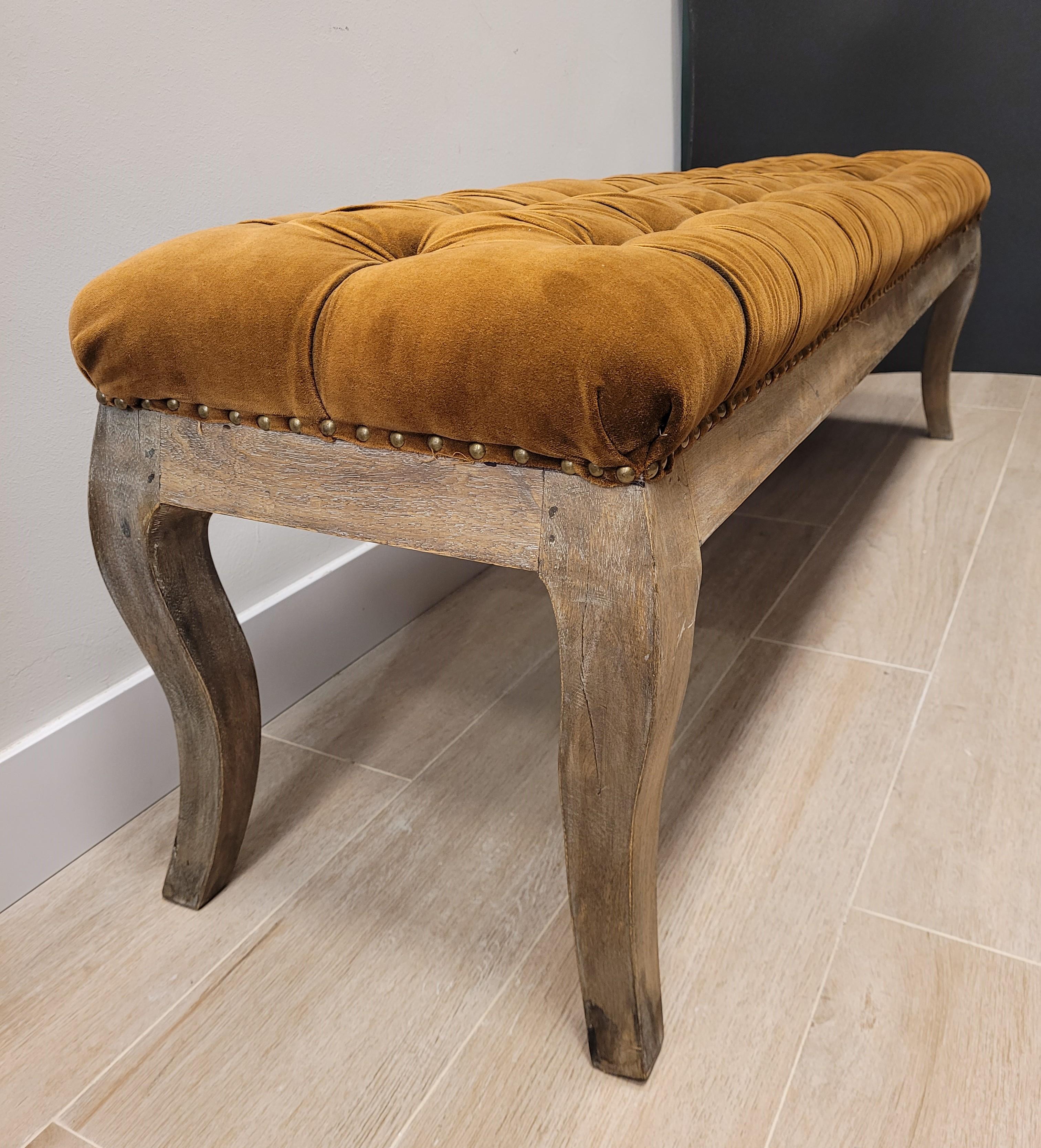 70th French Tobacco Colour Tufted Velours Bench, Canape Wood 11