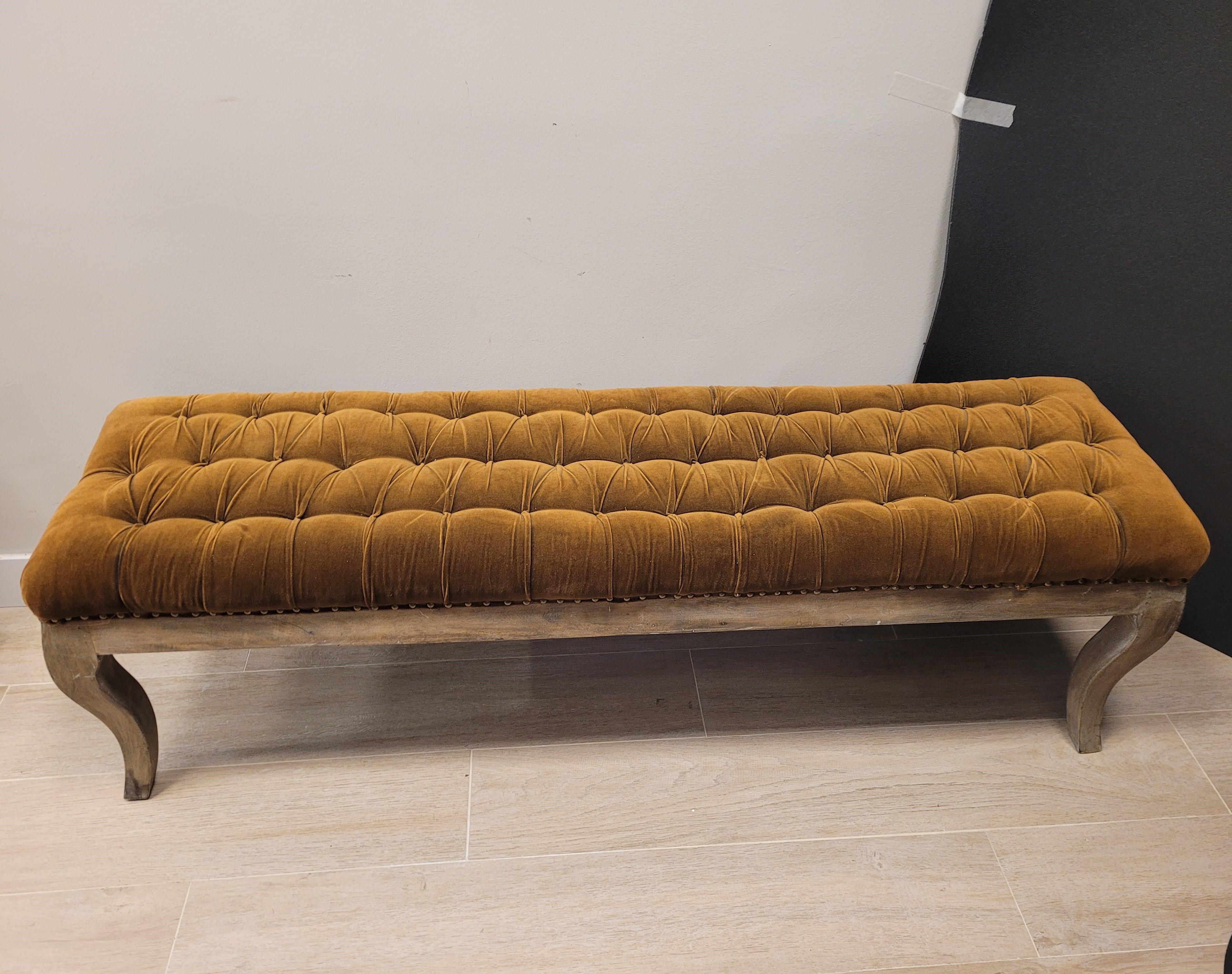 70th French Tobacco Colour Tufted Velours Bench, Canape Wood 12