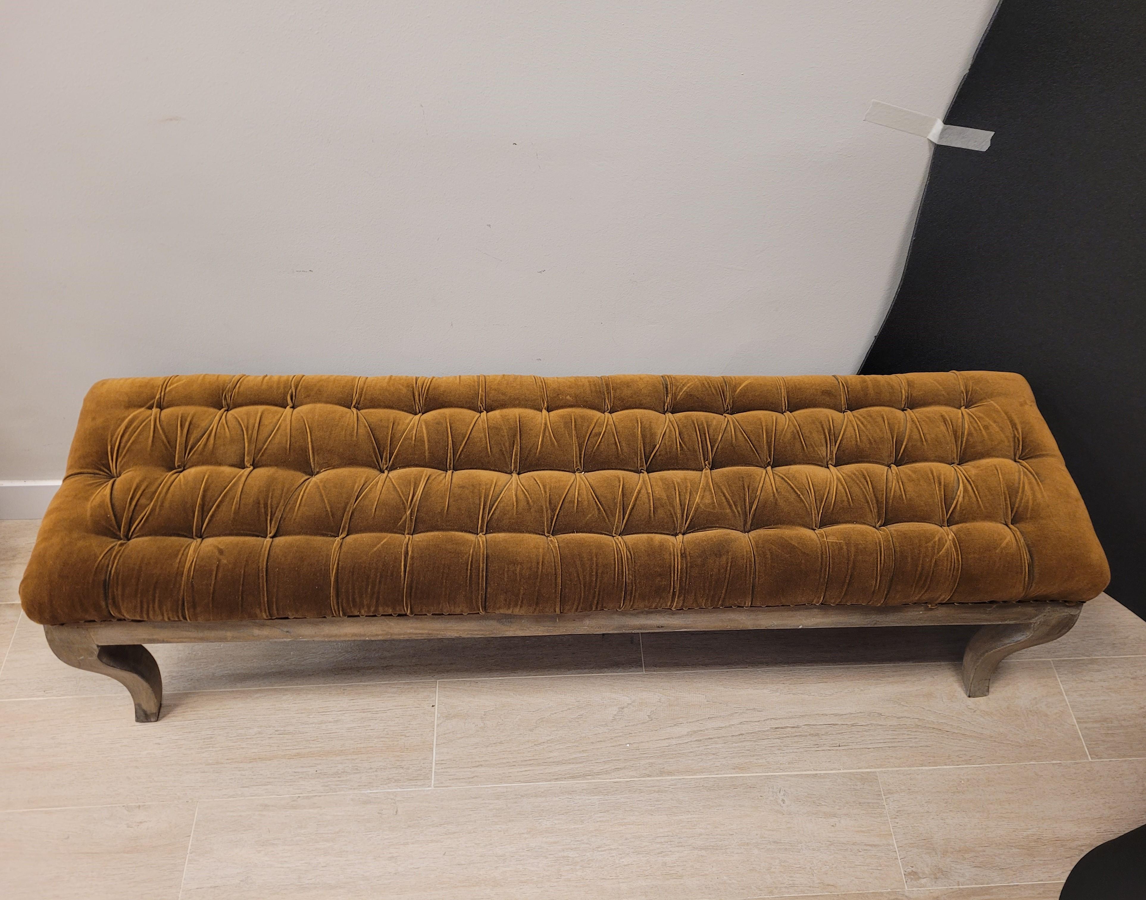 70th French Tobacco Colour Tufted Velours Bench, Canape Wood 13