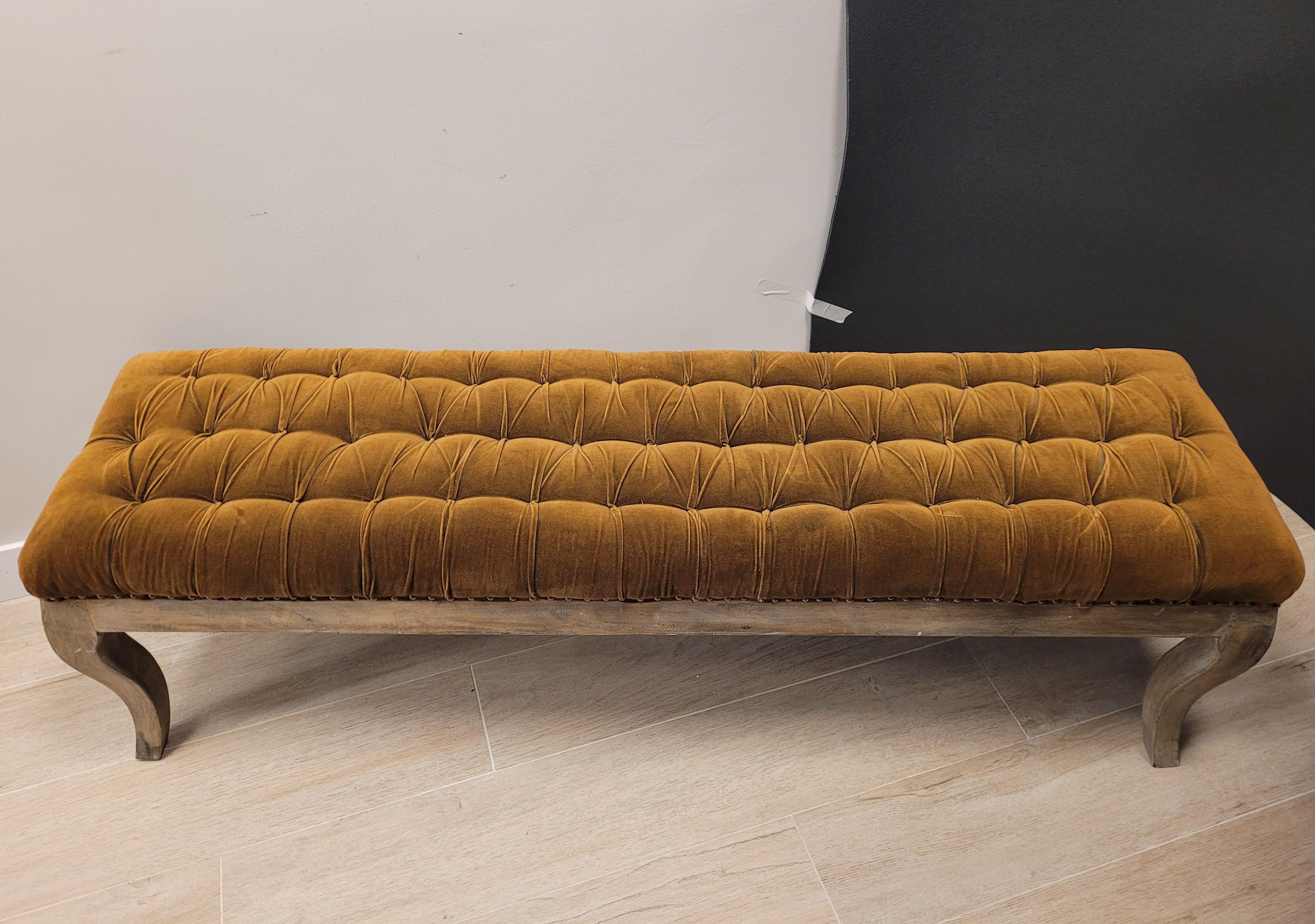 Hand-Crafted 70th French Tobacco Colour Tufted Velours Bench, Canape Wood