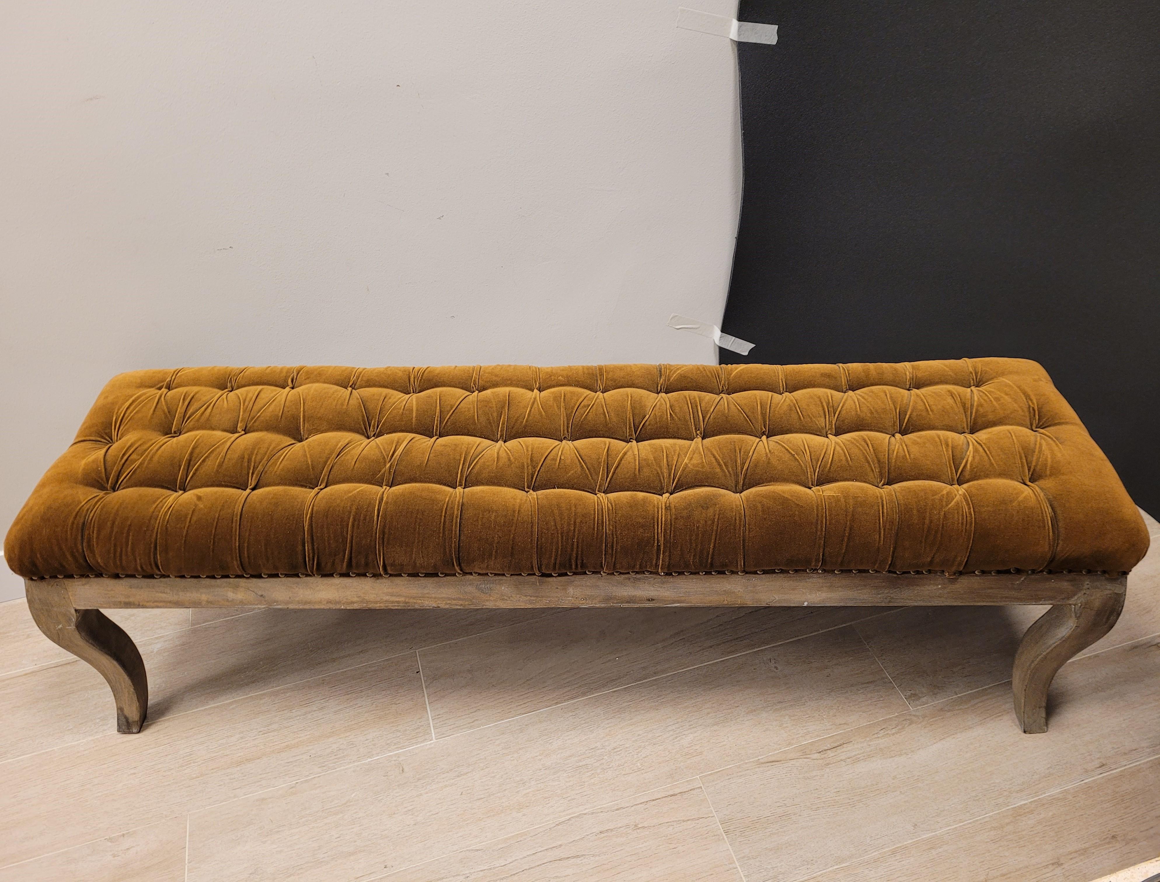 70th French Tobacco Colour Tufted Velours Bench, Canape Wood In Good Condition In Valladolid, ES