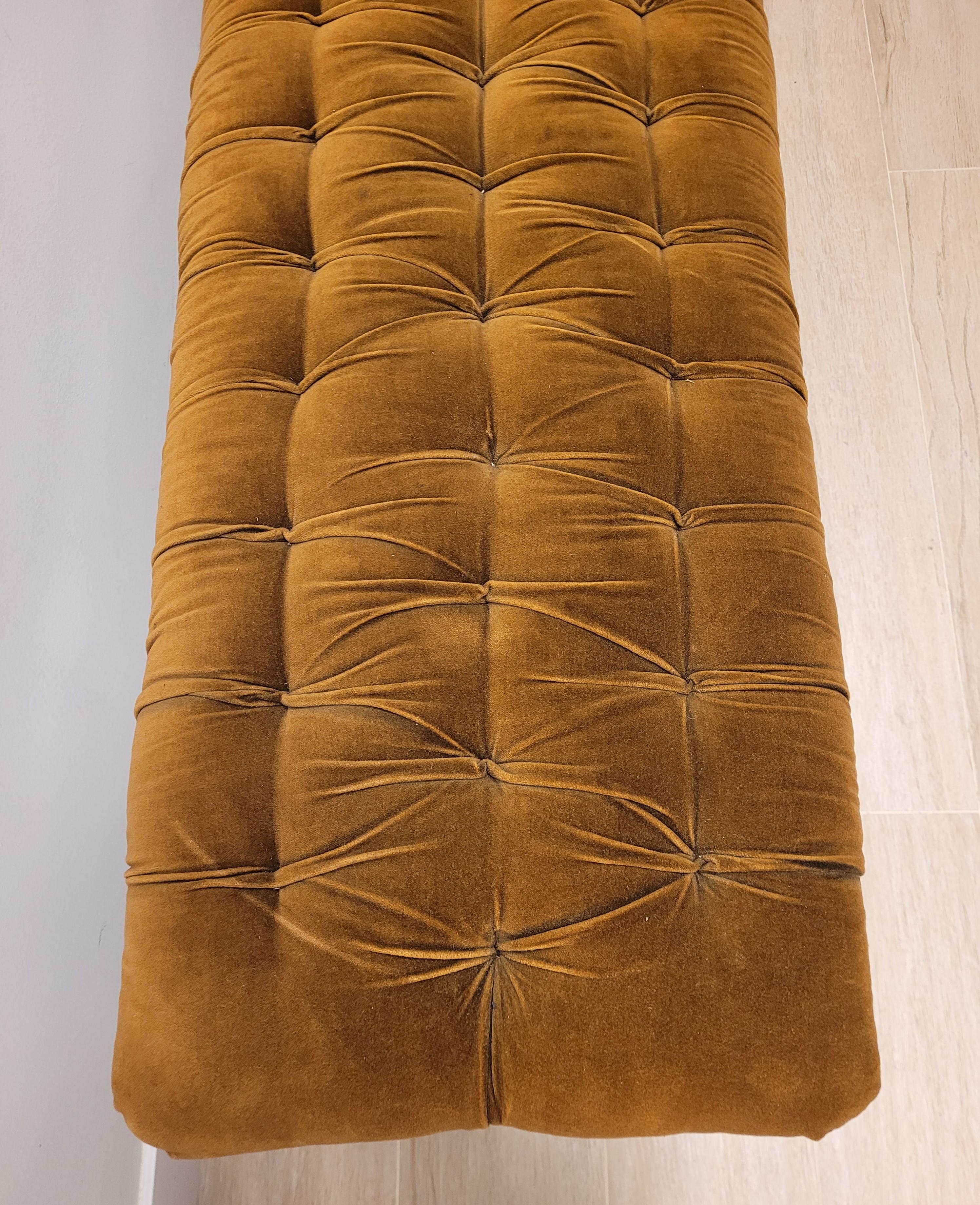 70th French Tobacco Colour Tufted Velours Bench, Canape Wood 1