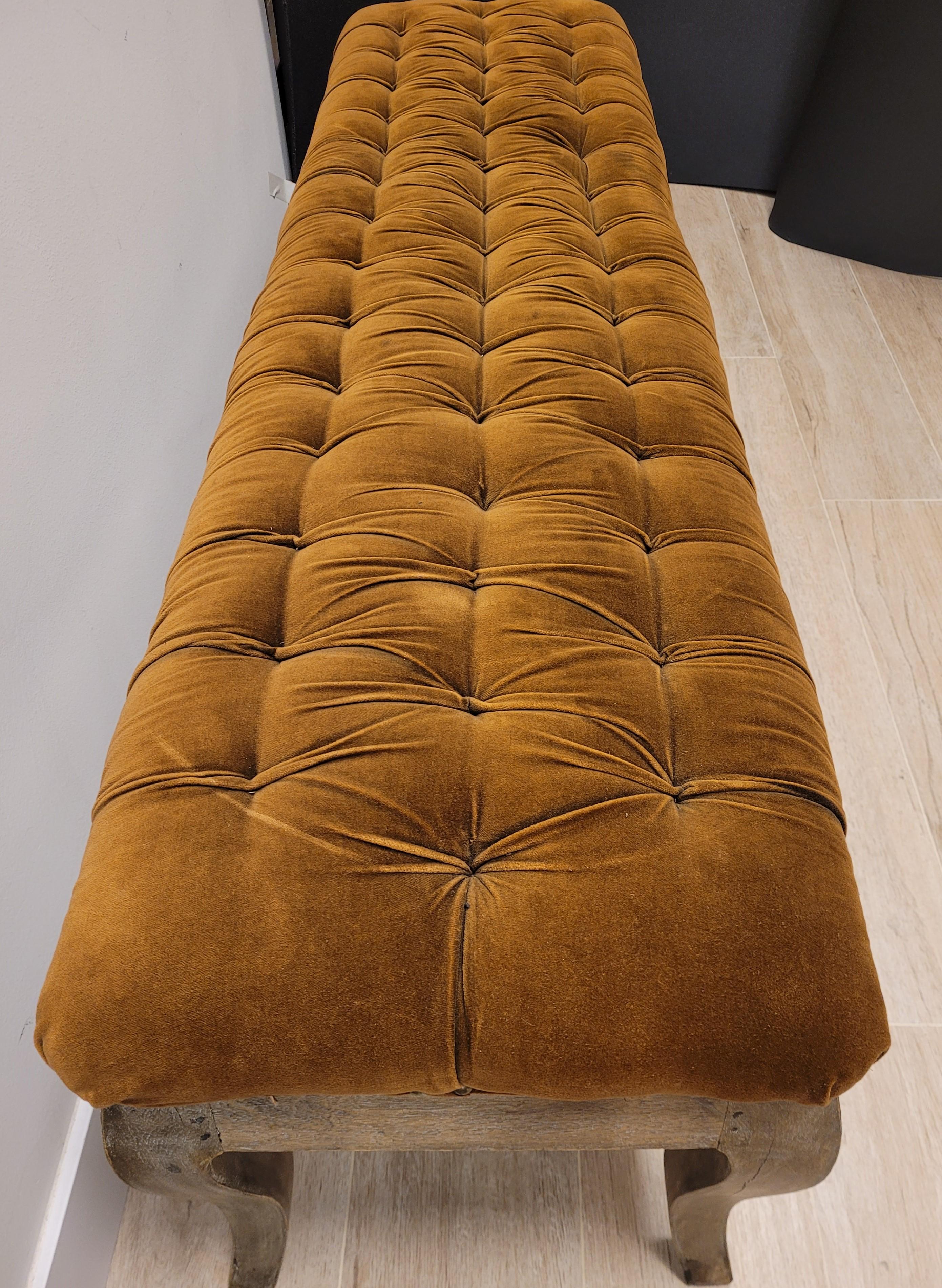 70th French Tobacco Colour Tufted Velours Bench, Canape Wood 2