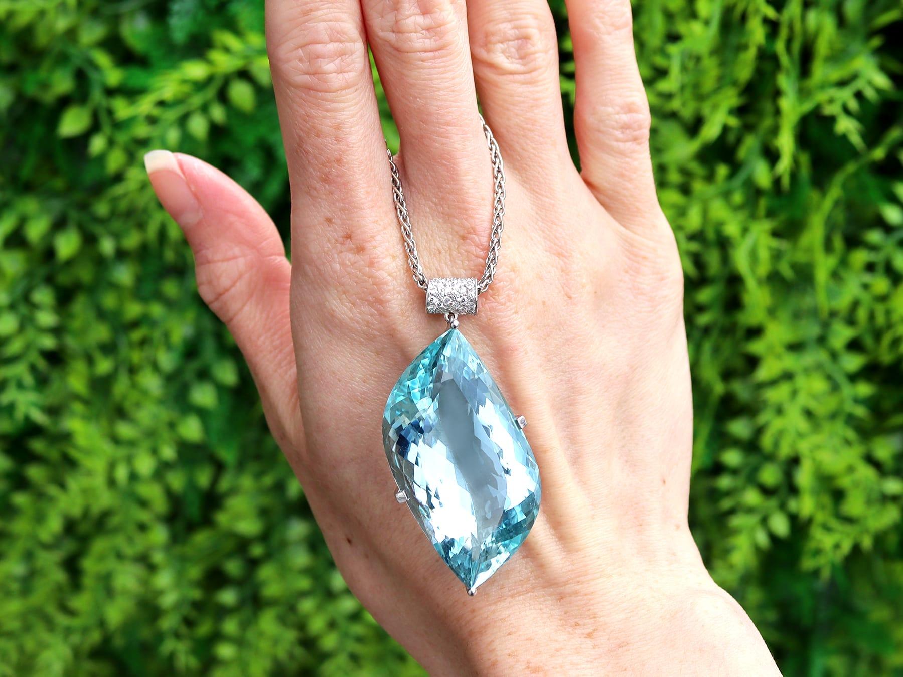 A magnificent, fine and impressive vintage 71 carat aquamarine and 0.38 carat diamond, 18 karat white gold pendant; part of our diverse collection of vintage aquamarine jewelry.

This stunning, fine and impressive vintage pendant has been crafted in