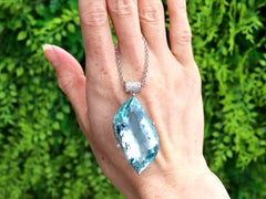 71 Carat Aquamarine, 0.38 Carat Diamond and 18k White Gold Pendant Circa 1970