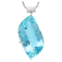 71 Carat Aquamarine, 0.38 Carat Diamond and 18k White Gold Pendant Circa 1970
