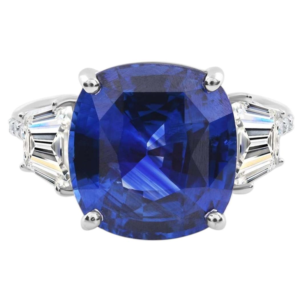 7.1 Carat Blue Sapphire Ring with Trapezoid Diamond Accents 18k White Gold