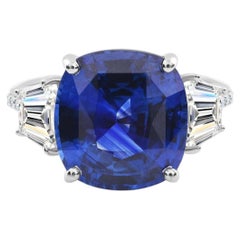7.1 Carat Blue Sapphire Ring with Trapezoid Diamond Accents 18k White Gold