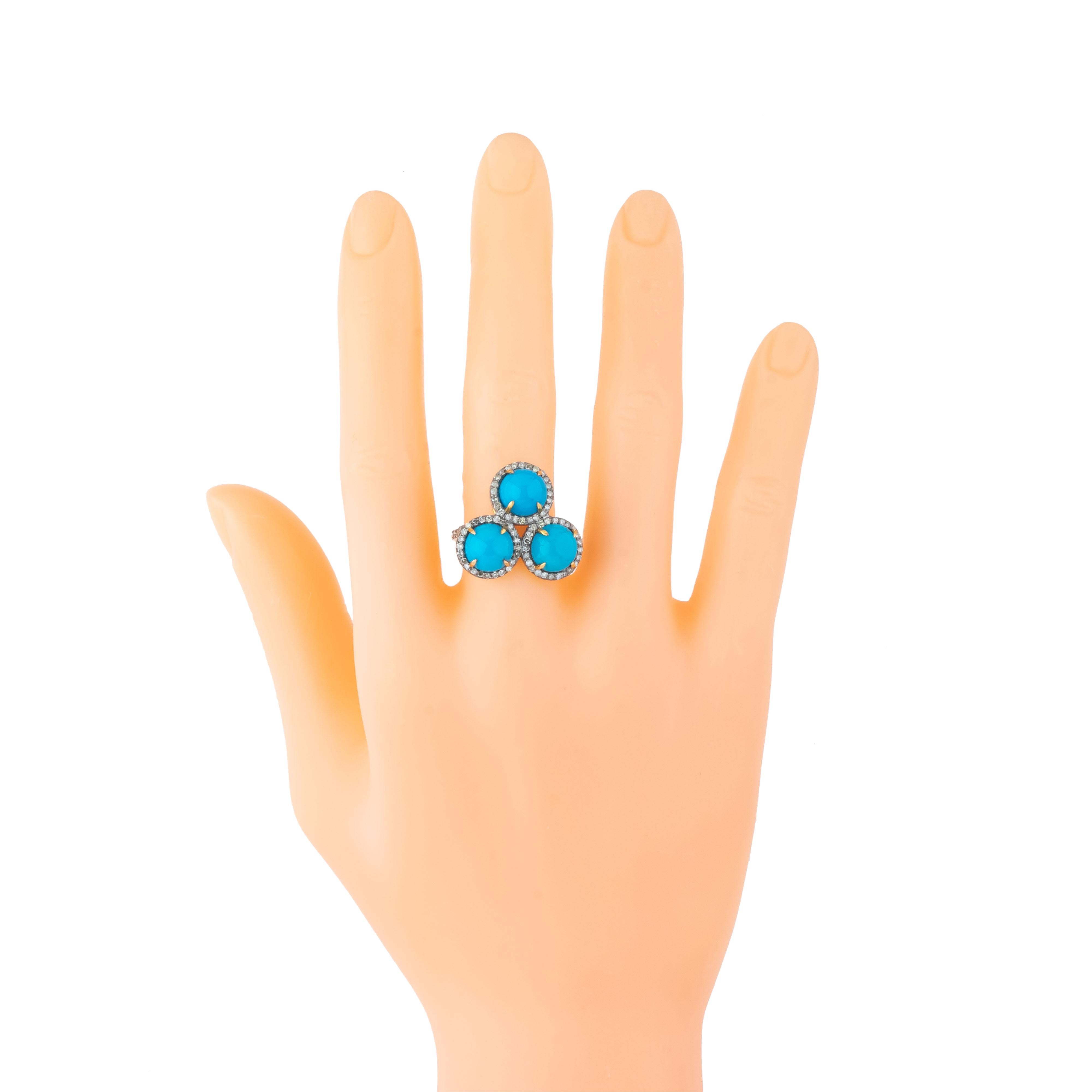 Contemporary 7.1 Carat Diamond and Turquoise Three Stone Ring For Sale