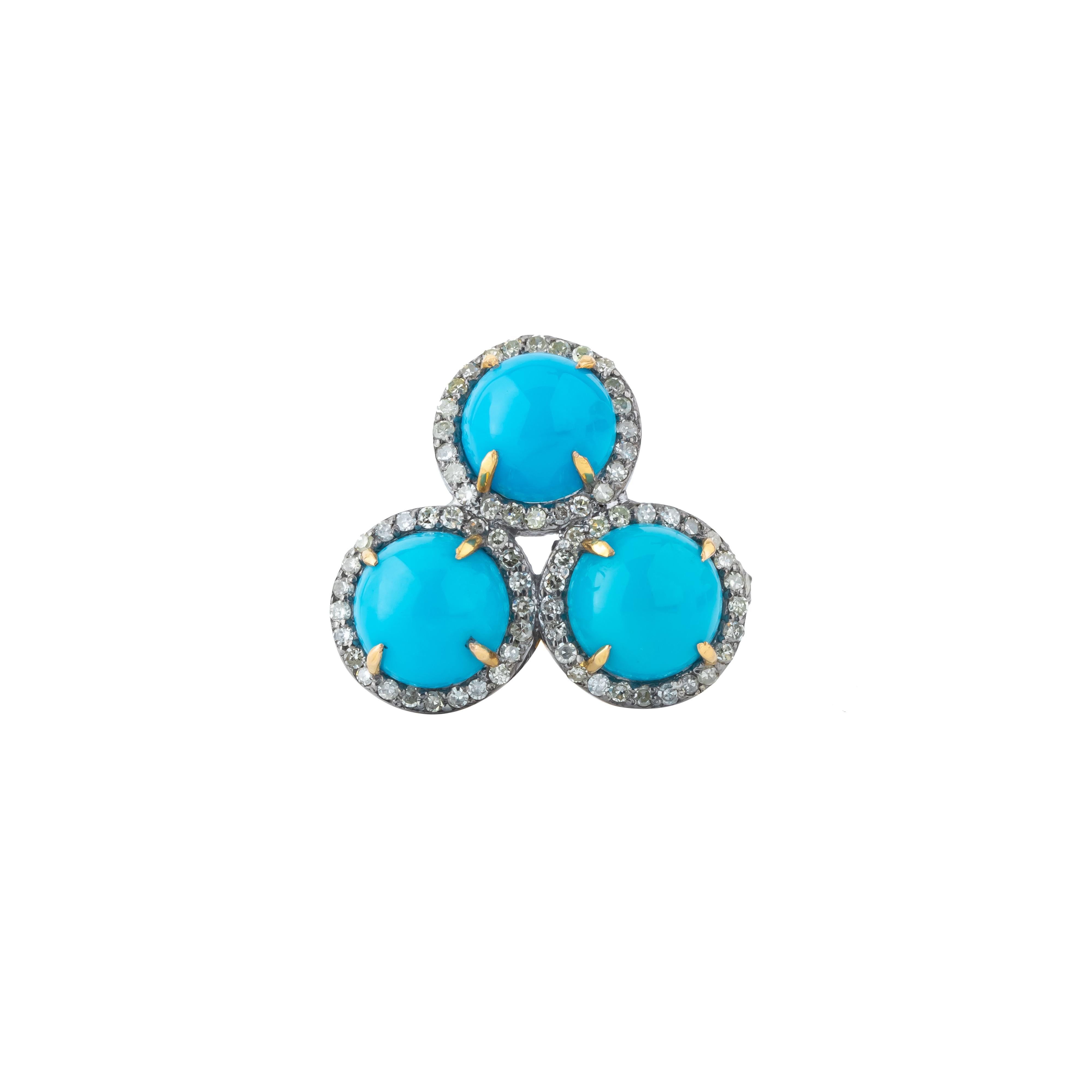 Round Cut 7.1 Carat Diamond and Turquoise Three Stone Ring For Sale