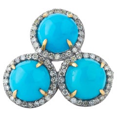 Contemporary 7.1ct Diamond & Turquoise Three Stone Ring, India